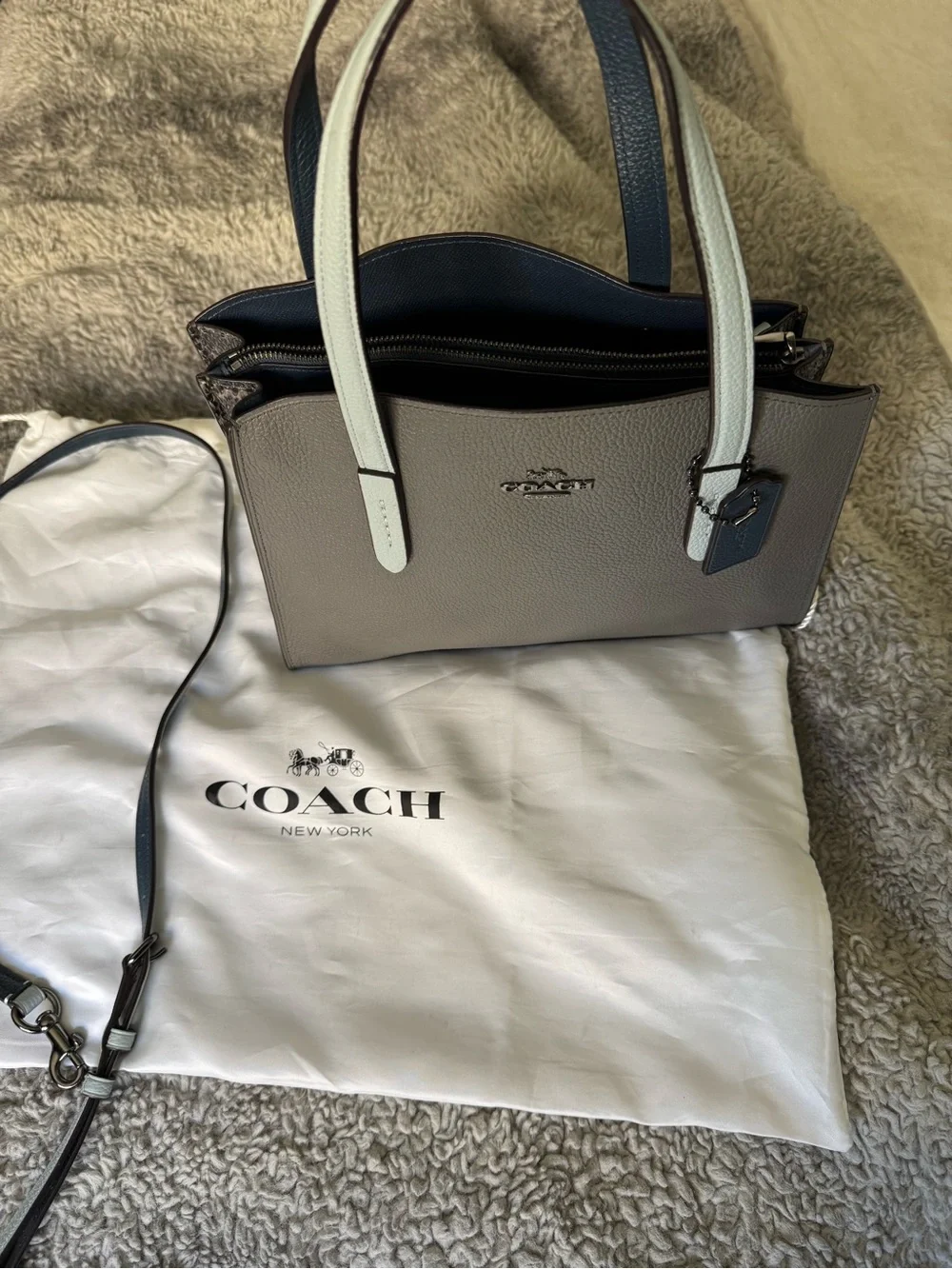 COACH Pebbled Leather Satchel in Taupe with White & Black Handles
